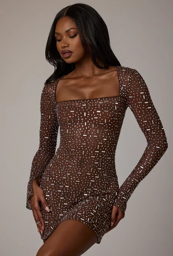 Zeta Sheer Embellished Long Sleeve A-Line Miniklänning i Deep Cocoa Zeta Sheer Embellished Long Sleeve A-Line Miniklänning i Deep Cocoa