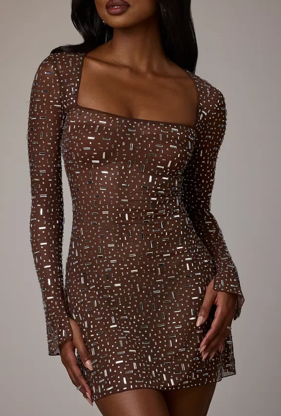 Zeta Sheer Embellished Long Sleeve A-Line Miniklänning i Deep Cocoa Zeta Sheer Embellished Long Sleeve A-Line Miniklänning i Deep Cocoa