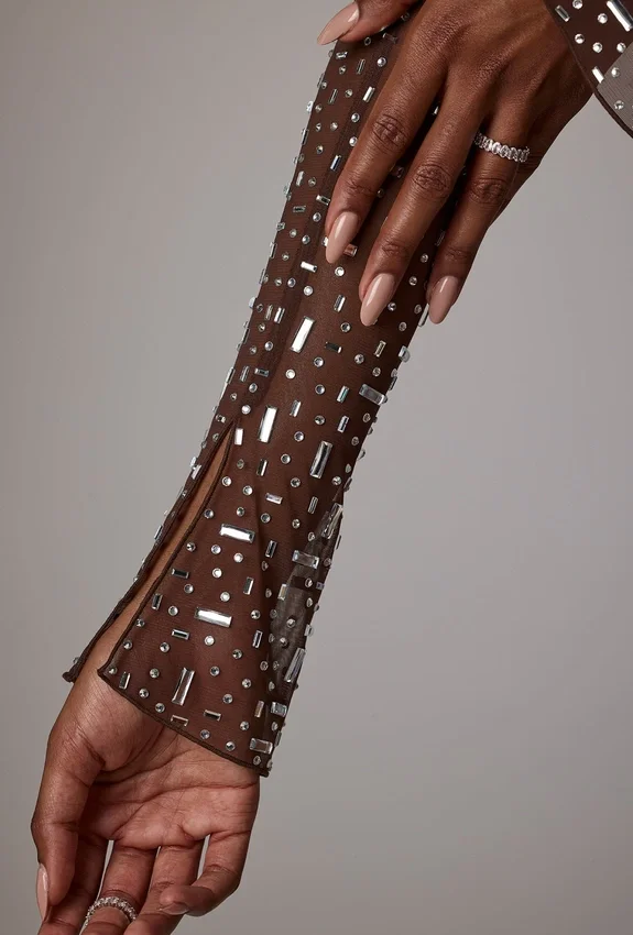 Zeta Sheer Embellished Long Sleeve A-Line Miniklänning i Deep Cocoa Zeta Sheer Embellished Long Sleeve A-Line Miniklänning i Deep Cocoa