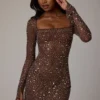Zeta Sheer Embellished Long Sleeve A-Line Miniklänning i Deep Cocoa Zeta Sheer Embellished Long Sleeve A-Line Miniklänning i Deep Cocoa