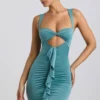 Zivanka Slinky Jersey Cut-Out Ruffle-Trim Miniklänning i havsgrönt Zivanka Slinky Jersey Cut-Out Ruffle-Trim Miniklänning i havsgrönt