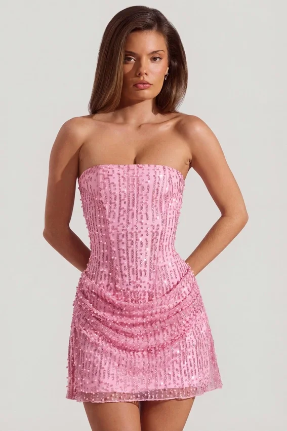 Ziya Embellished Draped Strapless A-Line Miniklänning i rosa Ziya Embellished Draped Strapless A-Line Miniklänning i rosa