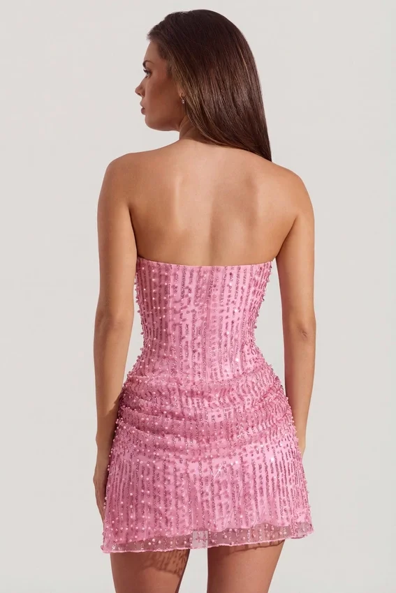 Ziya Embellished Draped Strapless A-Line Miniklänning i rosa Ziya Embellished Draped Strapless A-Line Miniklänning i rosa