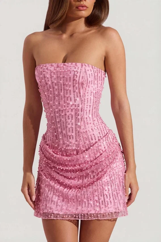 Ziya Embellished Draped Strapless A-Line Miniklänning i rosa Ziya Embellished Draped Strapless A-Line Miniklänning i rosa