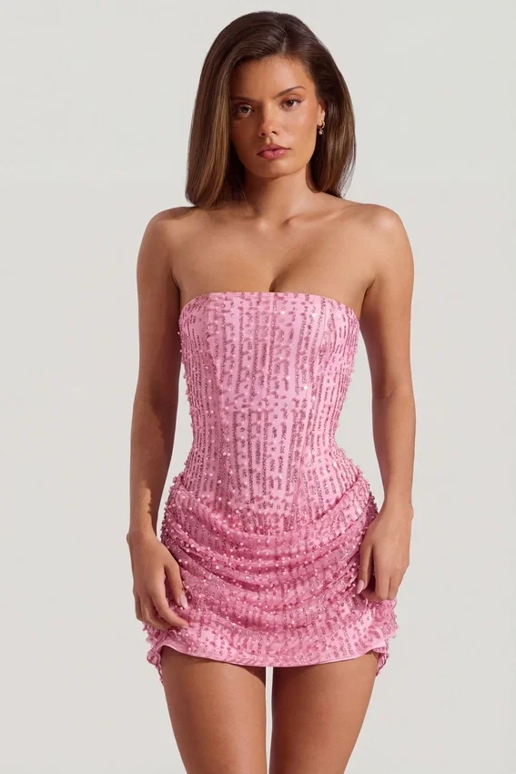 Ziya Embellished Draped Strapless A-Line Miniklänning i rosa Ziya Embellished Draped Strapless A-Line Miniklänning i rosa