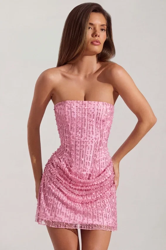 Ziya Embellished Draped Strapless A-Line Miniklänning i rosa Ziya Embellished Draped Strapless A-Line Miniklänning i rosa